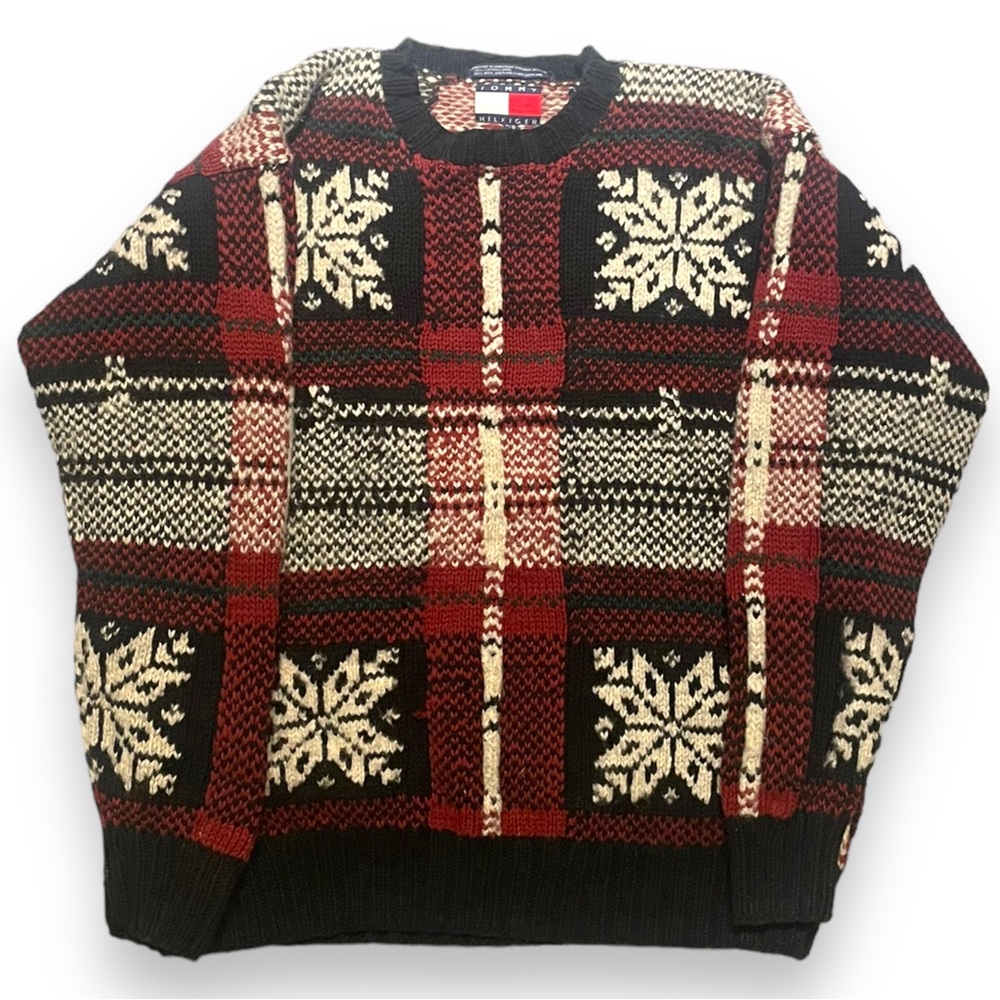 VINTAGE TOMMY HILFIGER CHRISTMAS SNOWFLAKE RED AND BLACK WOOL SWEATER